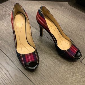 Kate Spade multicolor plaid peep toe heels, size 7.5